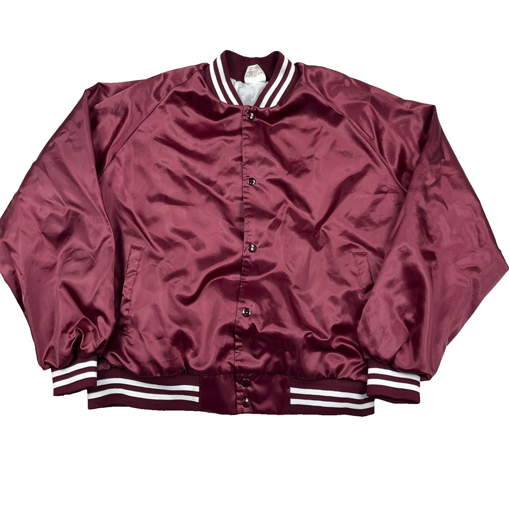 Vintage Satin Jacket Men XXL 2XL Maroon Bomber Made In USA 80s 90s Blank Plain